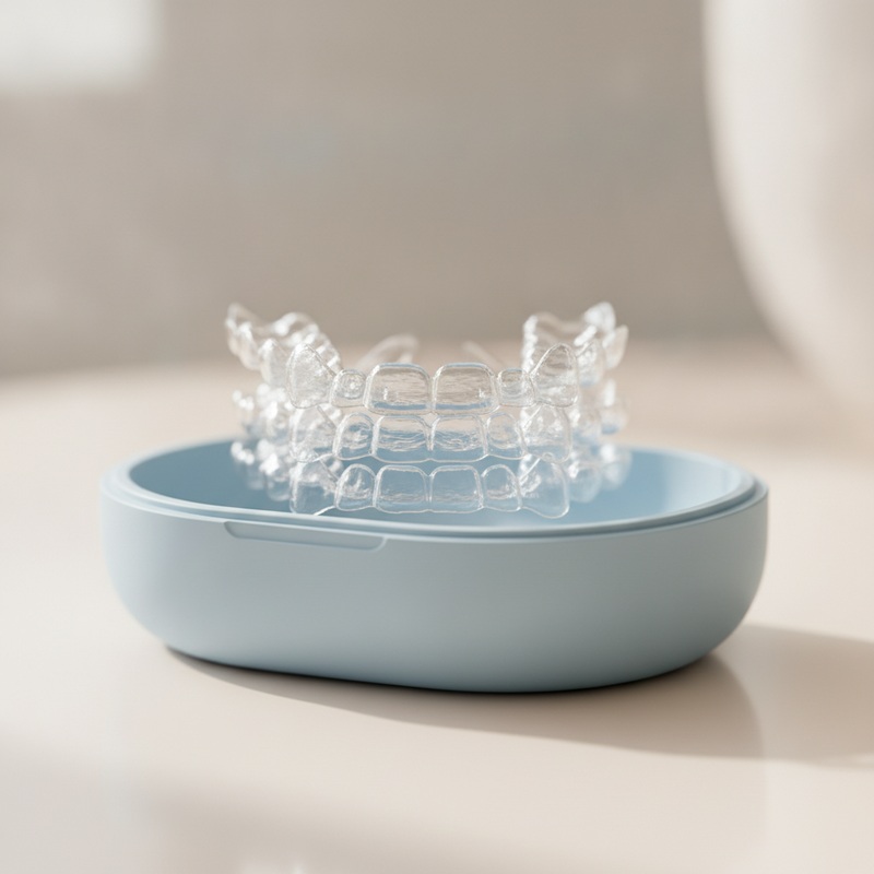 Patient sätter i en genomskinlig Invisalign-skena
